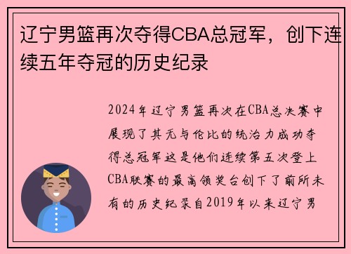 辽宁男篮再次夺得CBA总冠军，创下连续五年夺冠的历史纪录