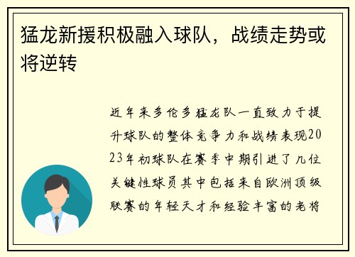 猛龙新援积极融入球队，战绩走势或将逆转