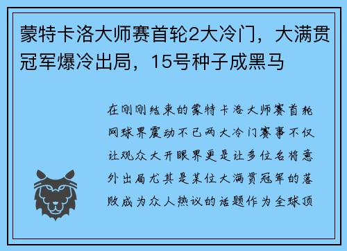 蒙特卡洛大师赛首轮2大冷门，大满贯冠军爆冷出局，15号种子成黑马