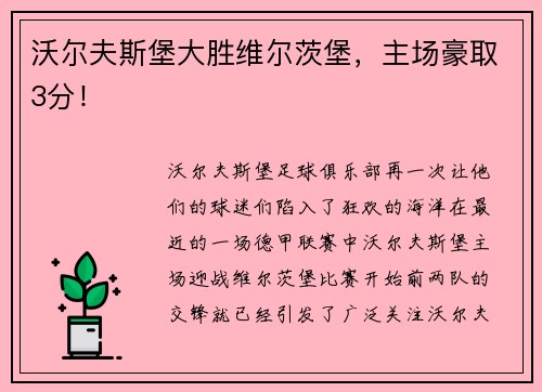 沃尔夫斯堡大胜维尔茨堡，主场豪取3分！