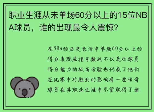 职业生涯从未单场60分以上的15位NBA球员，谁的出现最令人震惊？